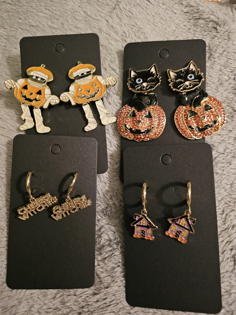 Halloween Pumpkin & Cat Earrings - Black and Orange Set Of 4 New!